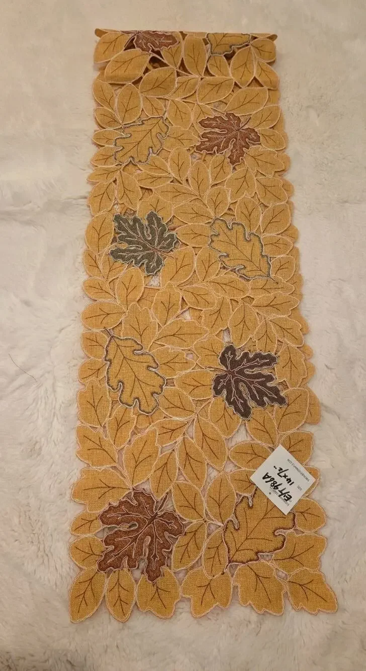 Fall Leaves Table Runner 14x72 Golden Yellow Embroidered Cutwork EF4986A Rare
